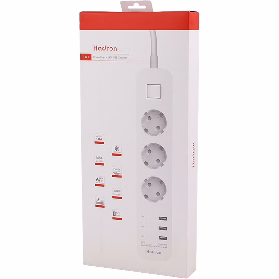 (1030179) چند راهی 3 خانه برق ارت دار هادرون P323 با کابل 1.8 متری + شارژر USB